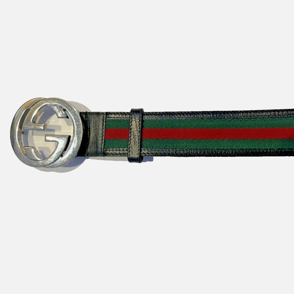 Authentic Gucci Web Canvas Brown Leather Silver Interlocking G Buckle Belt